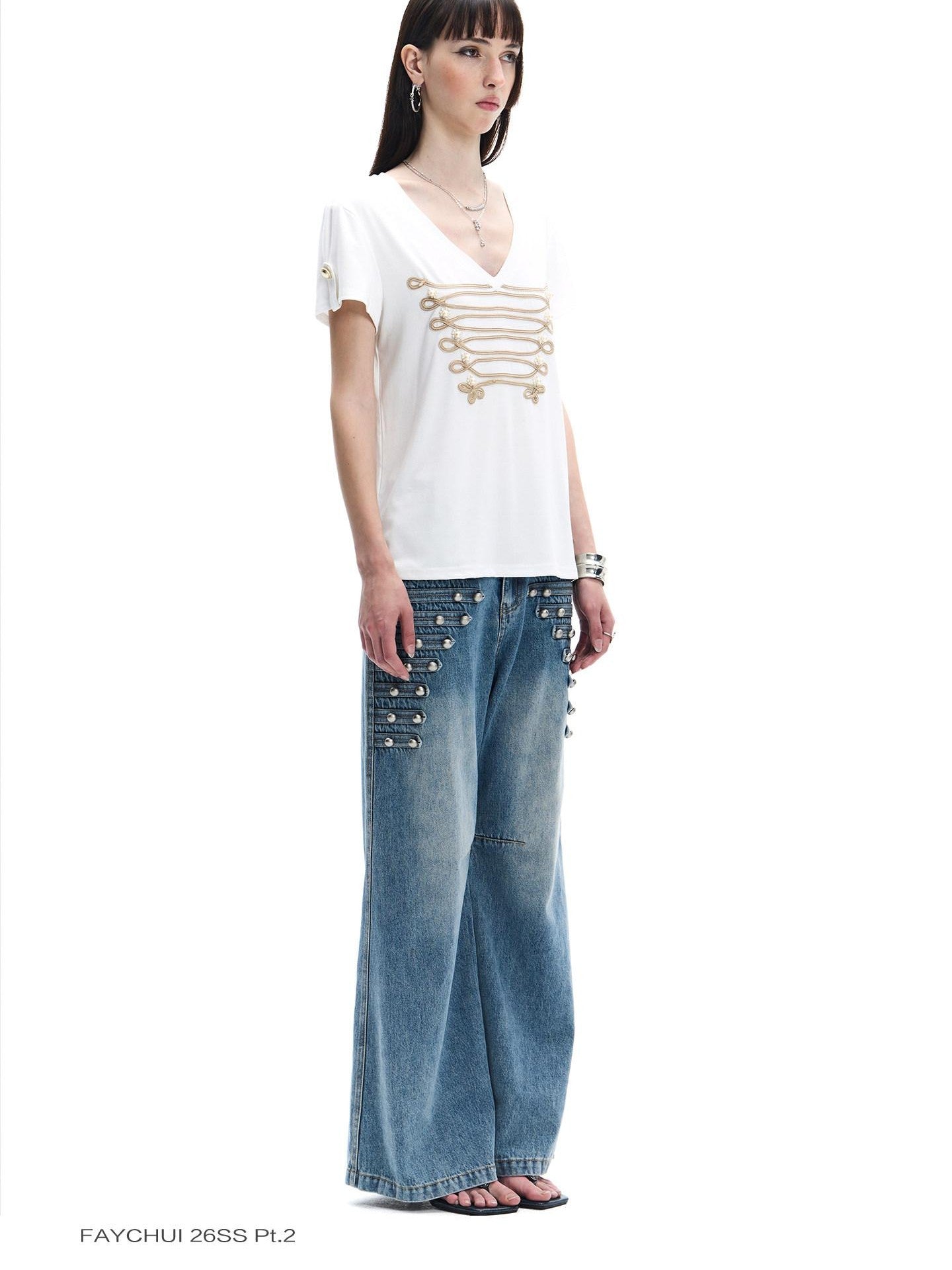 FayChui Vintage Button Front Rivet Washed Blue Women&