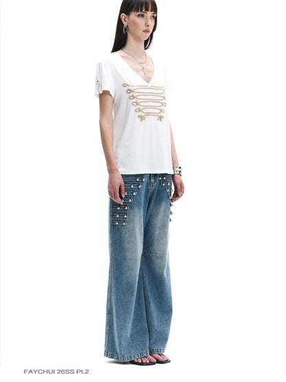 FayChui Vintage Button Front Rivet Washed Blue Women&