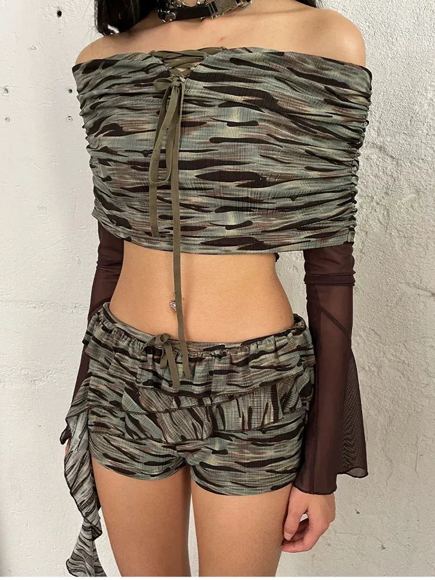 FayChui  Vintage Camo Mesh Off Shoulder Top