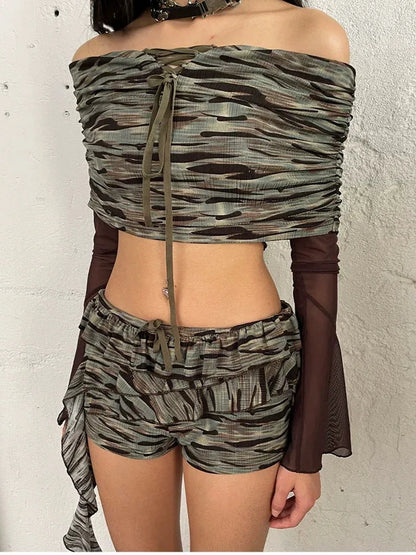 FayChui  Vintage Camo Mesh Off Shoulder Top