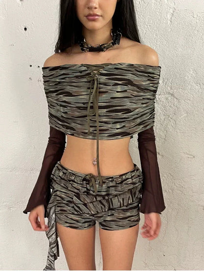 FayChui  Vintage Camo Mesh Off Shoulder Top