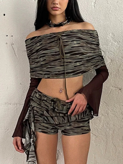 FayChui  Vintage Camo Mesh Off Shoulder Top