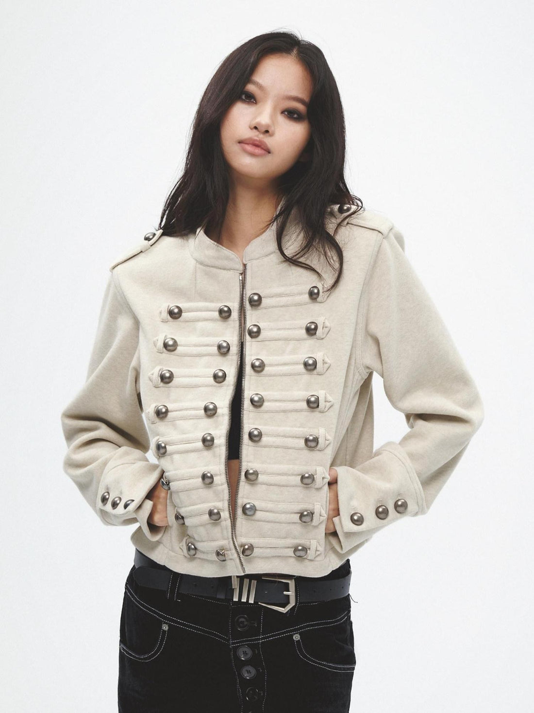 FayChui Vintage Court Punk Metal Zip Padded Shoulder Women&