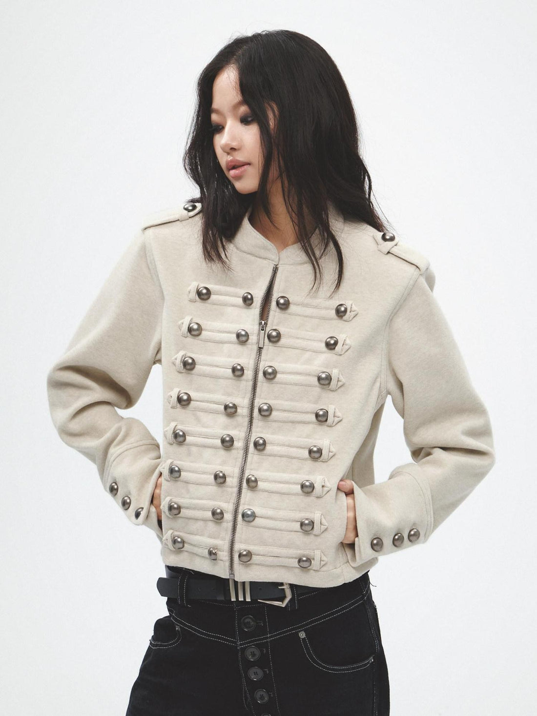 FayChui Vintage Court Punk Metal Zip Padded Shoulder Women&