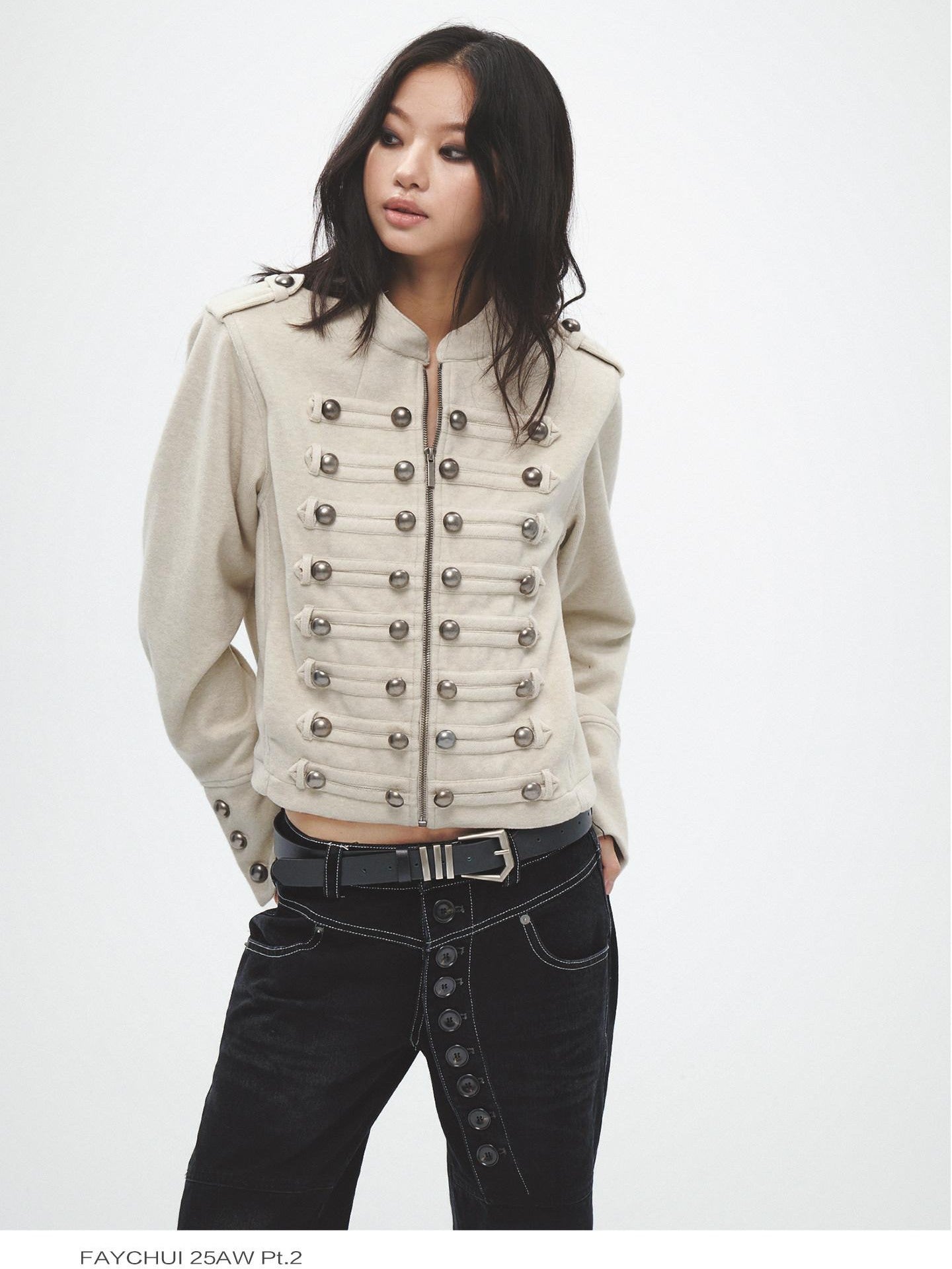 FayChui Vintage Court Punk Metal Zip Padded Shoulder Women&