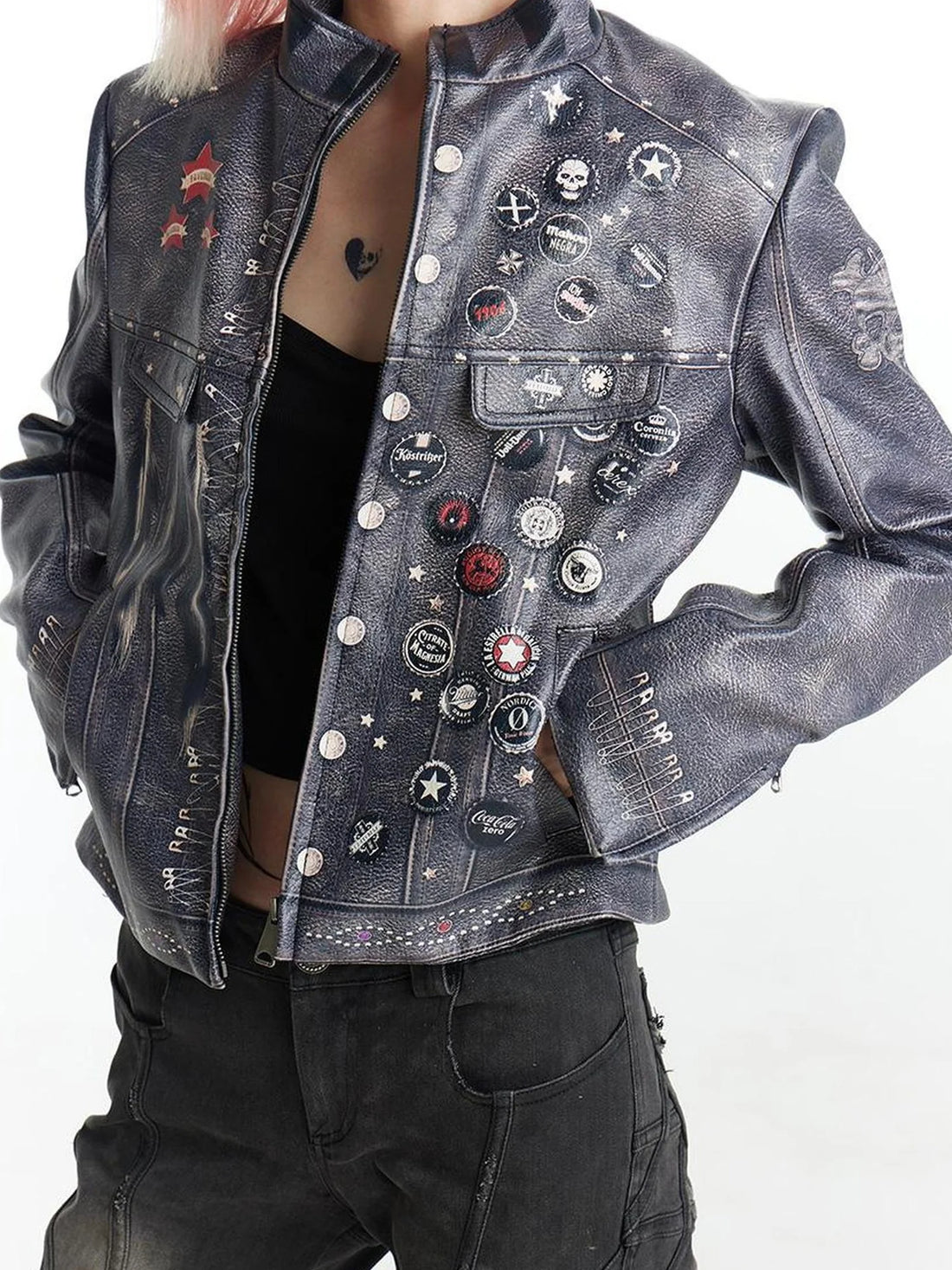 FayChui  Vintage Distressed Punk Print Biker Jacket
