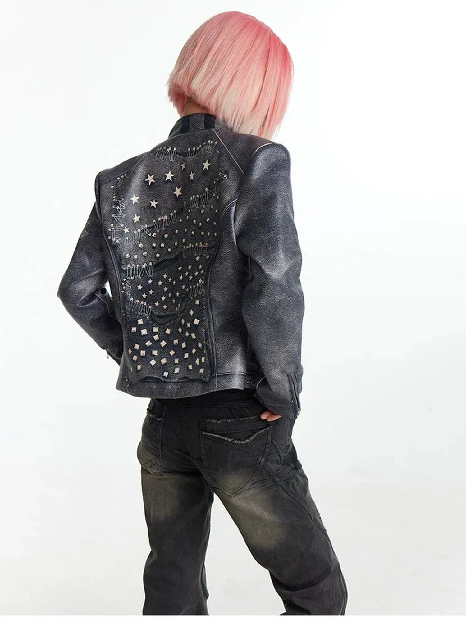 FayChui  Vintage Distressed Punk Print Biker Jacket
