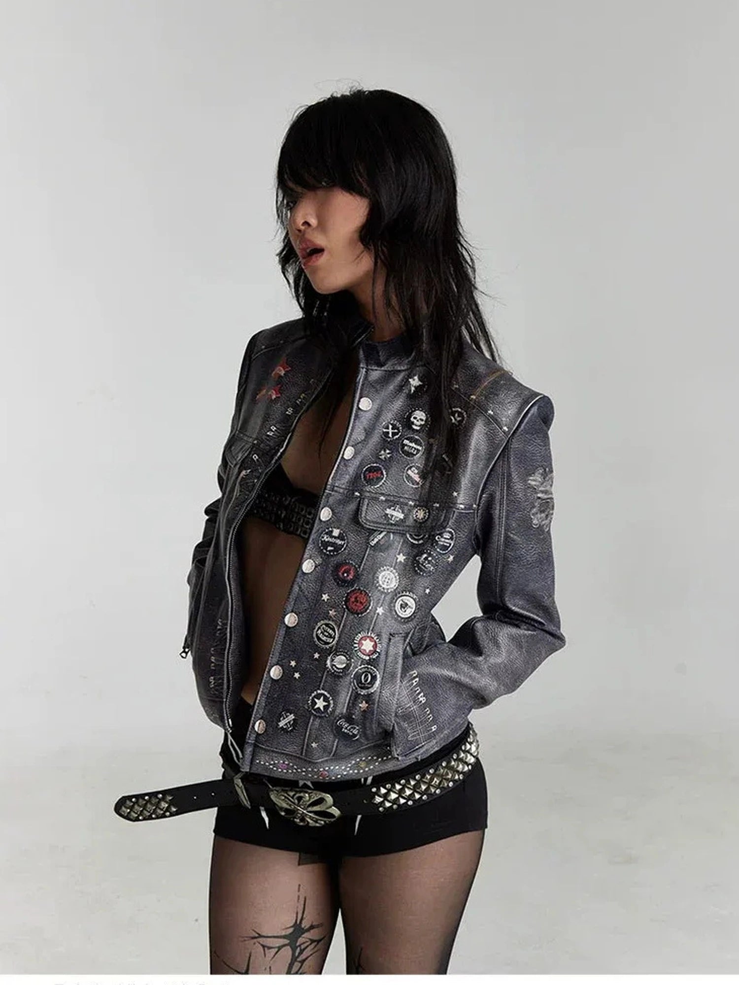 FayChui  Vintage Distressed Punk Print Biker Jacket