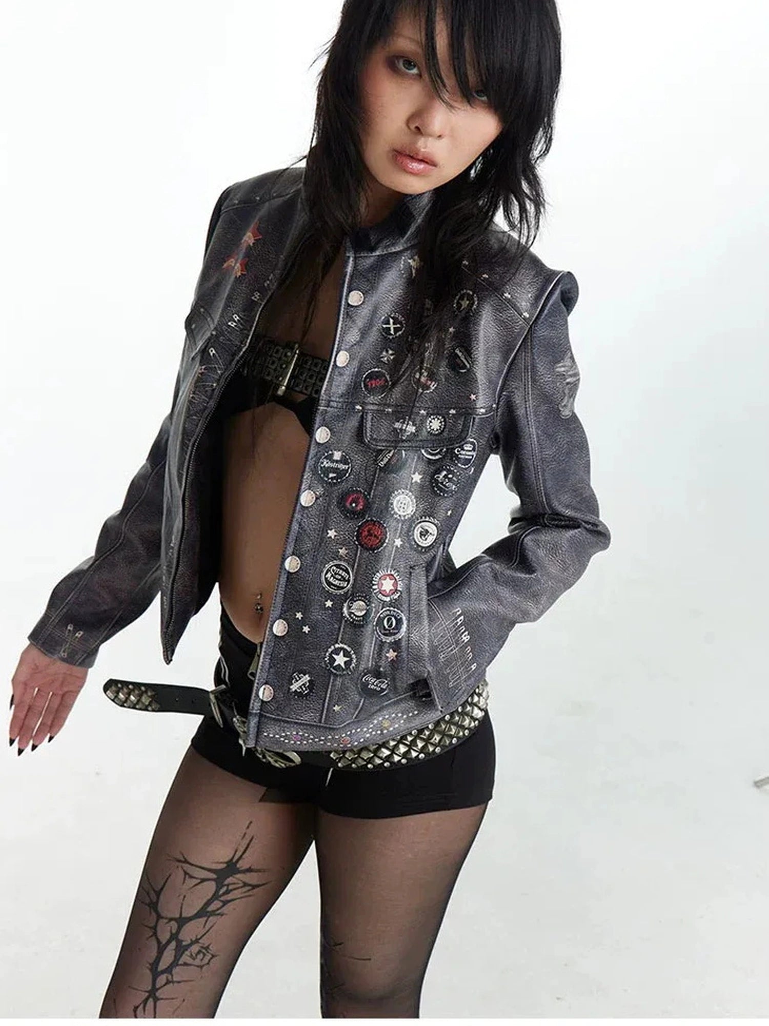 FayChui  Vintage Distressed Punk Print Biker Jacket