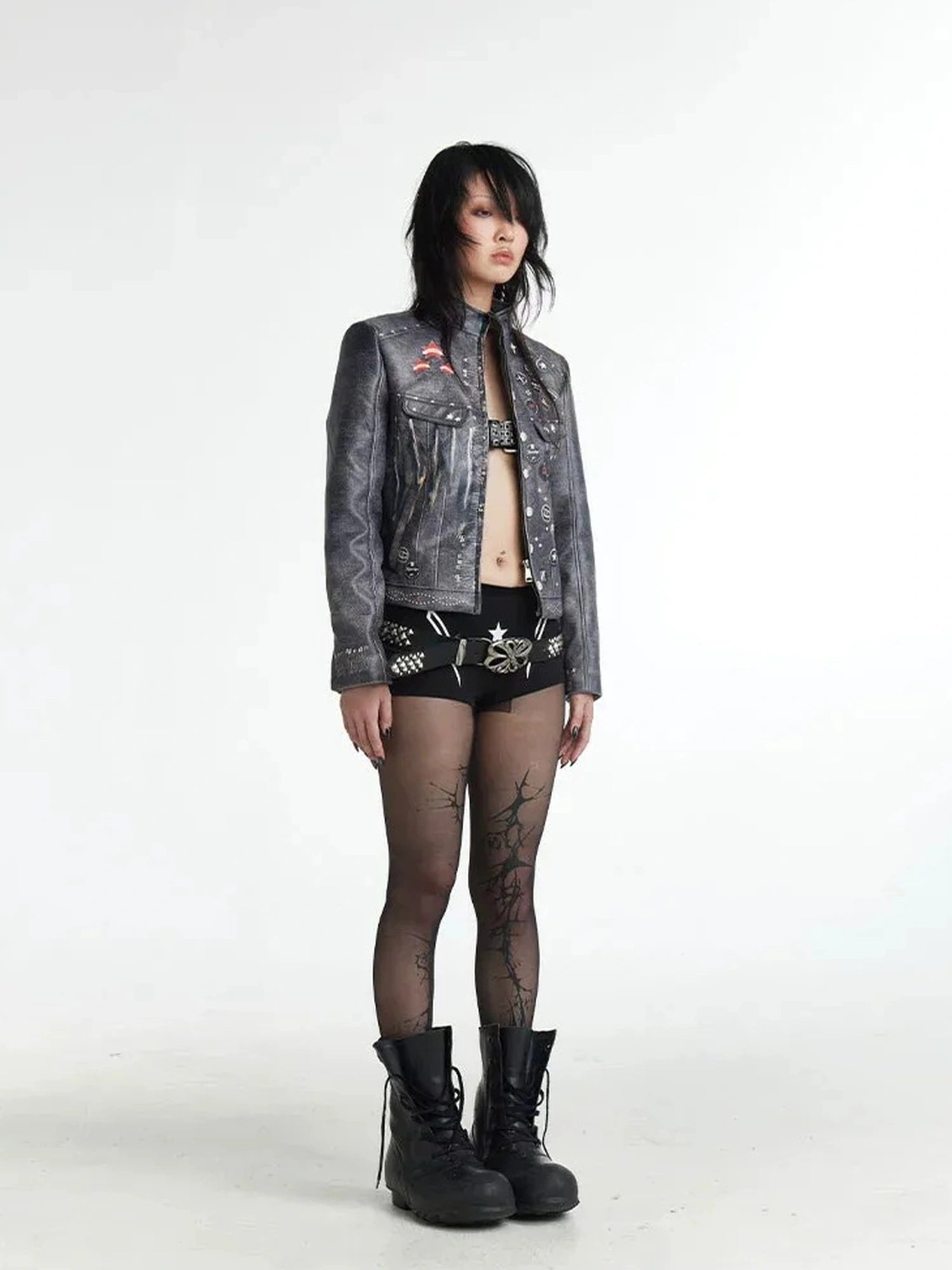 FayChui  Vintage Distressed Punk Print Biker Jacket
