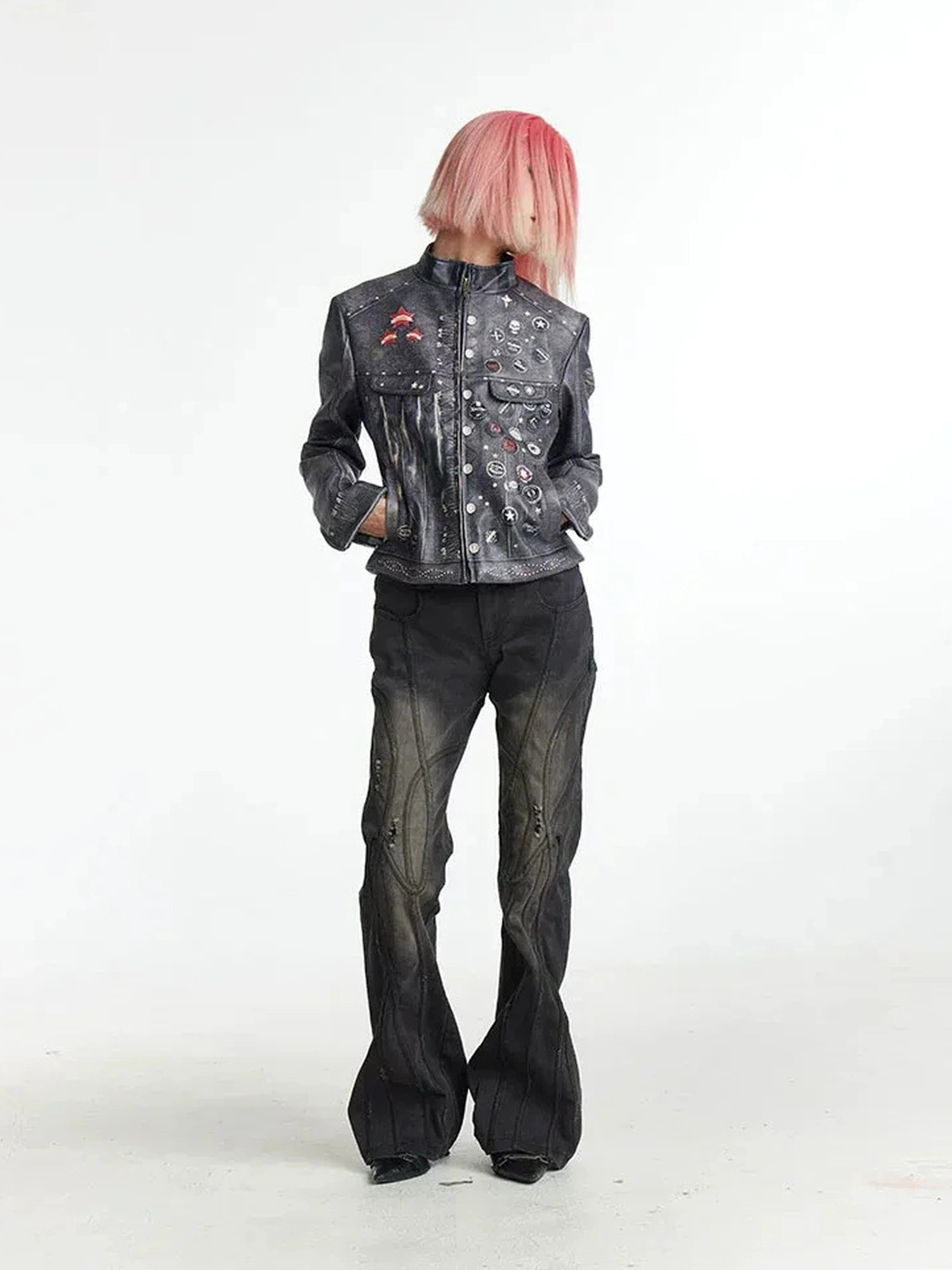 FayChui  Vintage Distressed Punk Print Biker Jacket