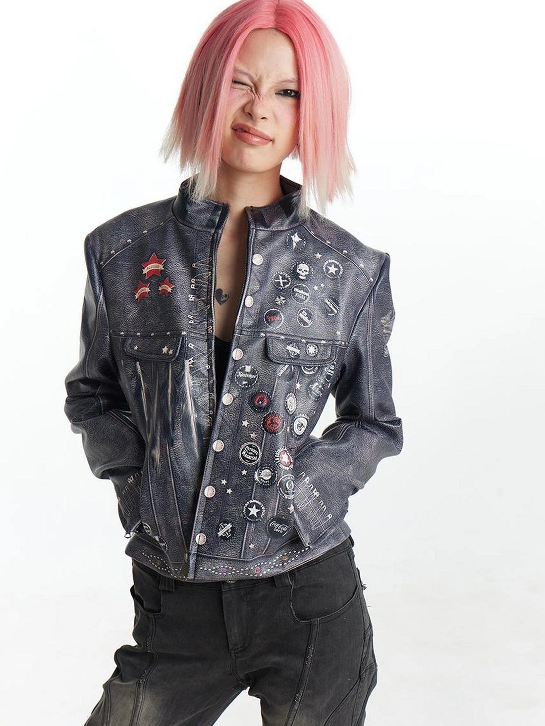 FayChui  Vintage Distressed Punk Print Biker Jacket