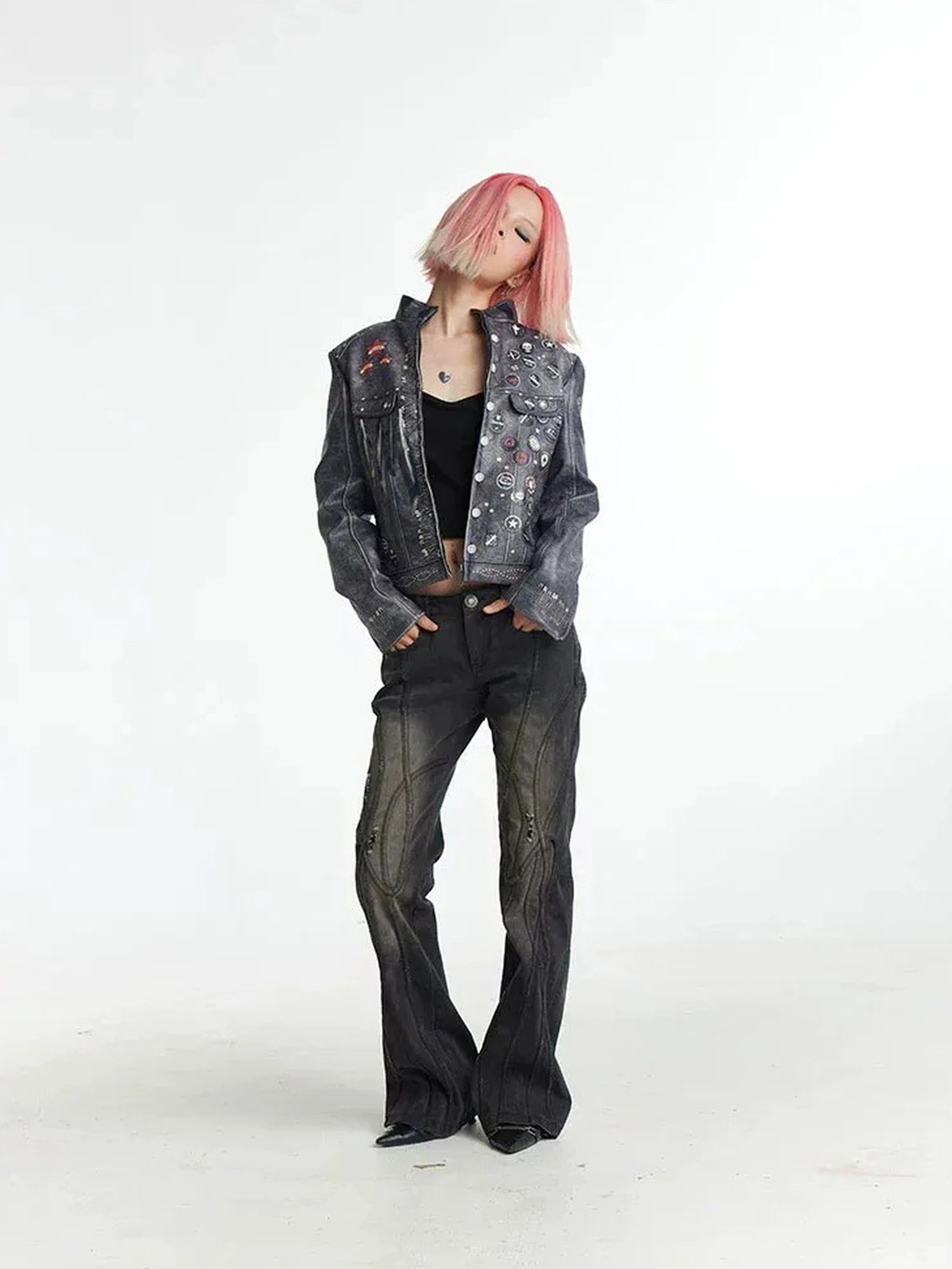 FayChui  Vintage Distressed Punk Print Biker Jacket