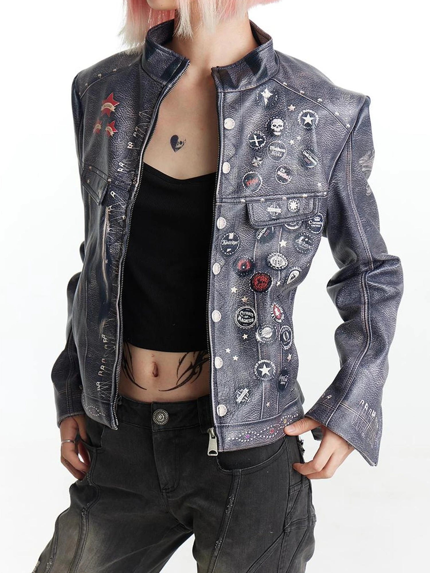 FayChui  Vintage Distressed Punk Print Biker Jacket