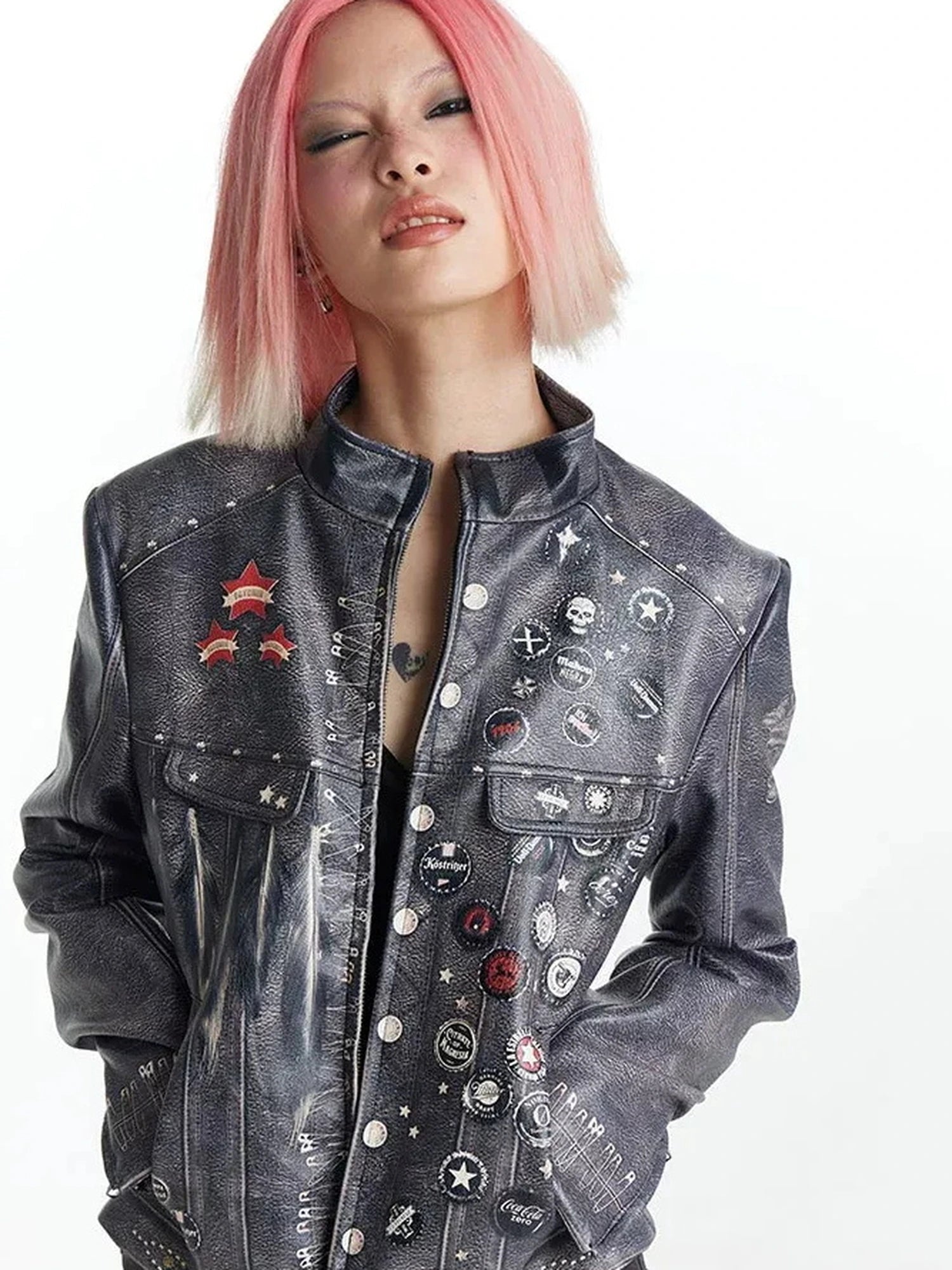 FayChui  Vintage Distressed Punk Print Biker Jacket