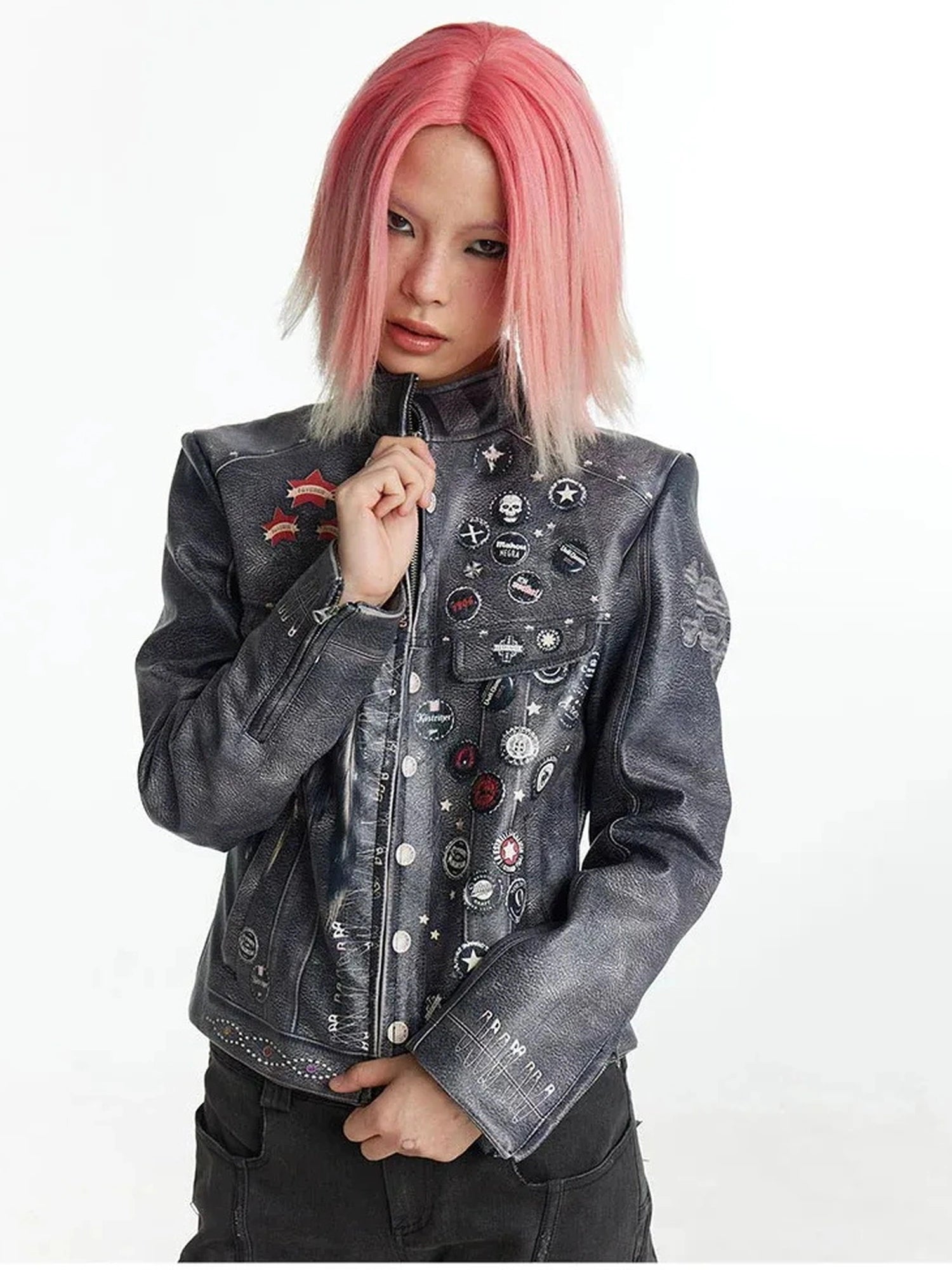 FayChui  Vintage Distressed Punk Print Biker Jacket