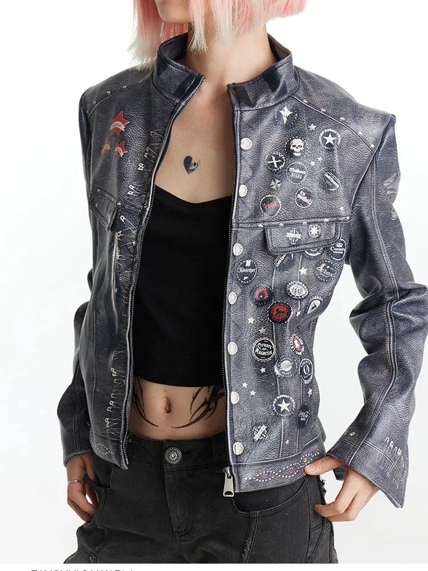 FayChui  Vintage Distressed Punk Print Biker Jacket