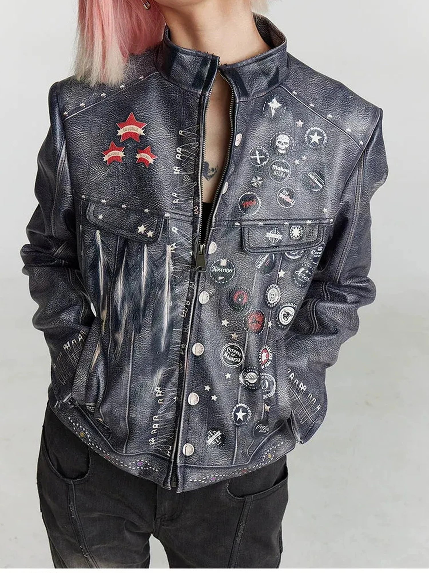 FayChui  Vintage Distressed Punk Print Biker Jacket