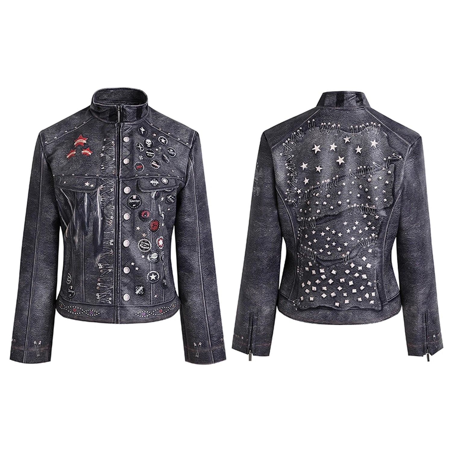 FayChui  Vintage Distressed Punk Print Biker Jacket