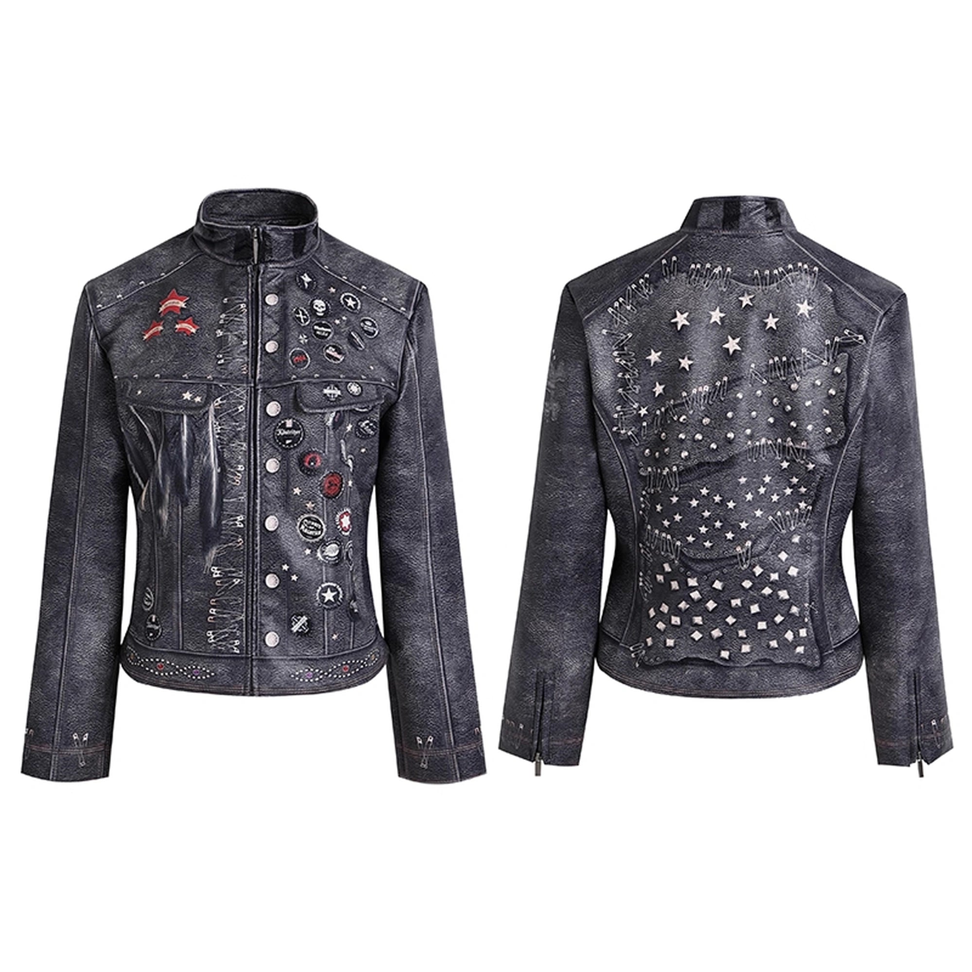 FayChui  Vintage Distressed Punk Print Biker Jacket
