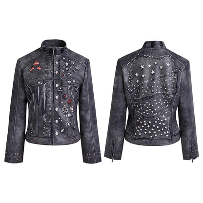 FayChui  Vintage Distressed Punk Print Biker Jacket