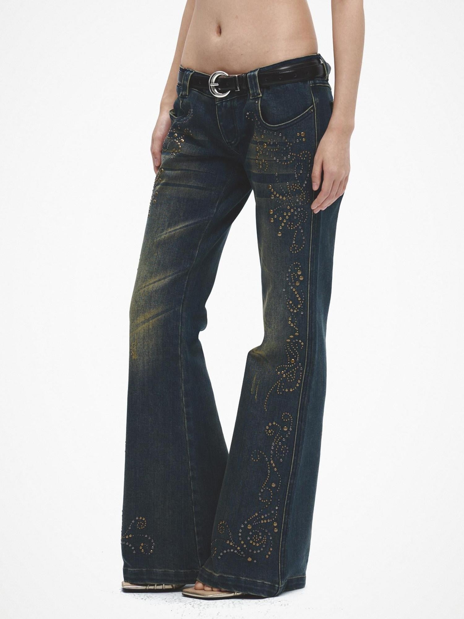 FayChui Vintage Distressed Sequin Low Rise Loose Women&