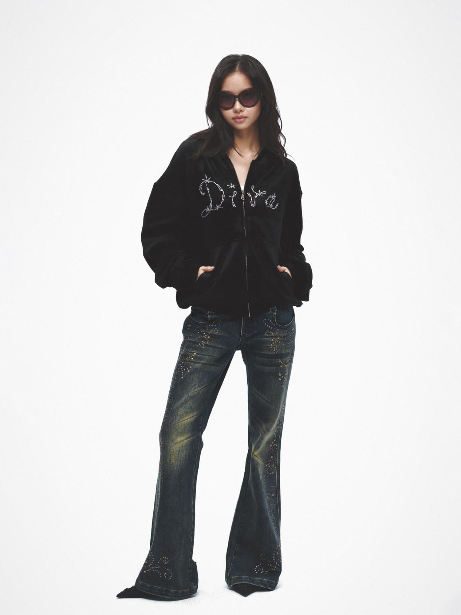 FayChui Vintage Distressed Sequin Low Rise Loose Women&