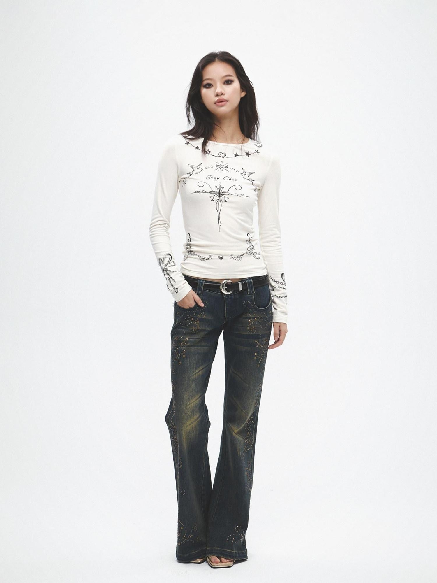 FayChui Vintage Distressed Sequin Low Rise Loose Women&