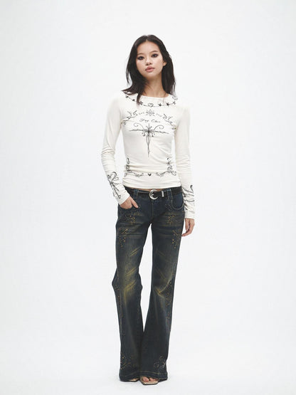 FayChui Vintage Distressed Sequin Low Rise Loose Women&