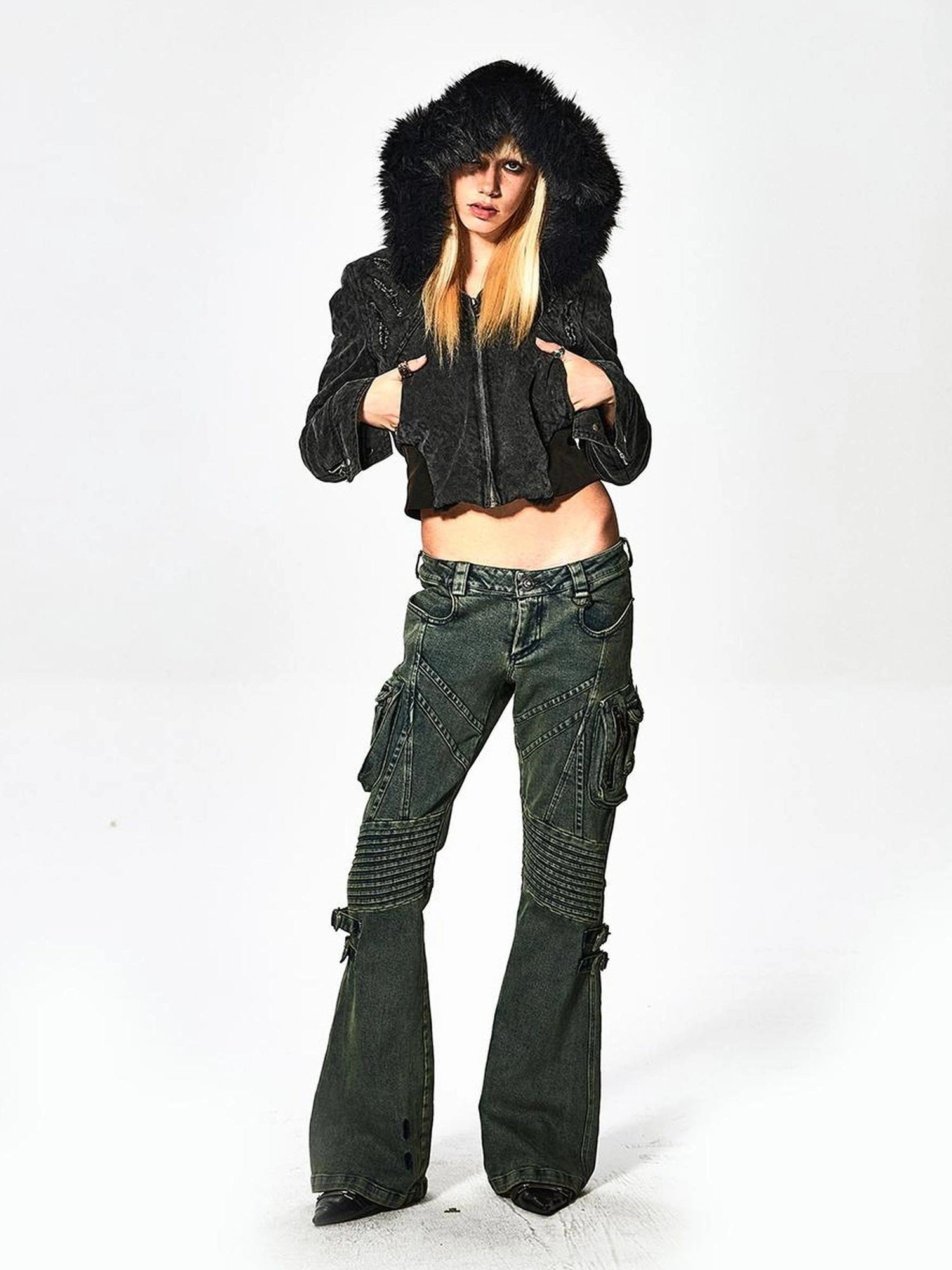 FayChui  Vintage Faded Cropped Denim Jacket With Floral Flocking