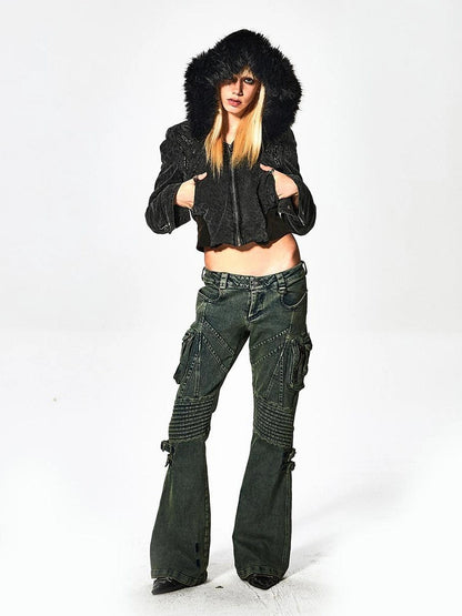 FayChui  Vintage Faded Cropped Denim Jacket With Floral Flocking