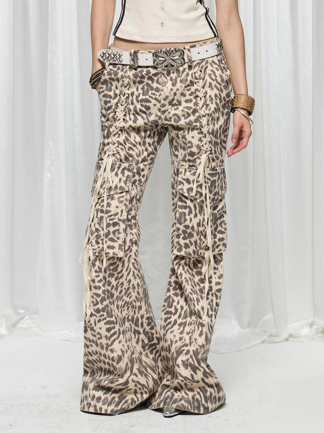FayChui  Vintage Flared Leopard Print Cargo Pants