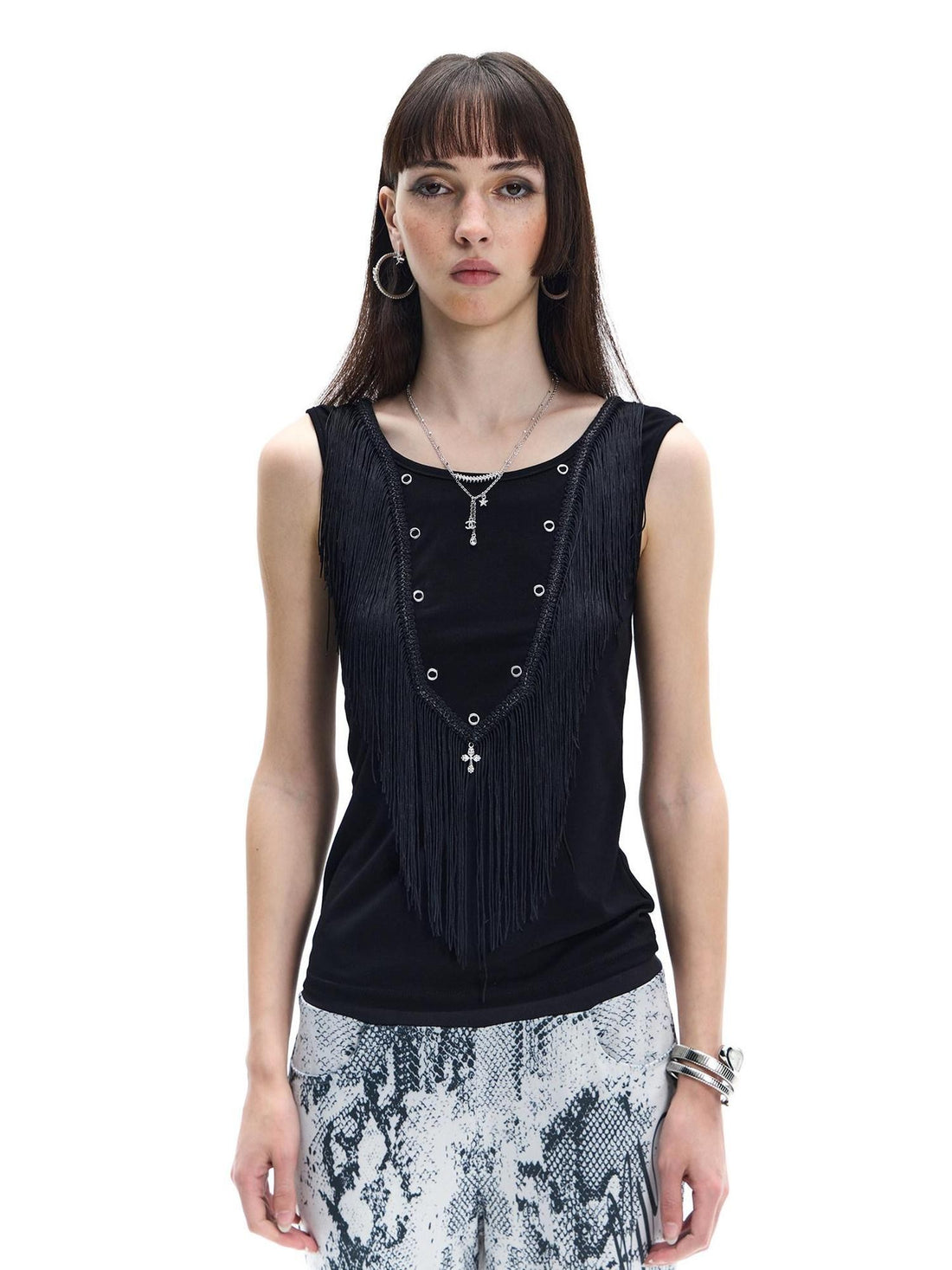 FayChui Vintage Fringe Metal Sequin Cross Rhinestone Women&