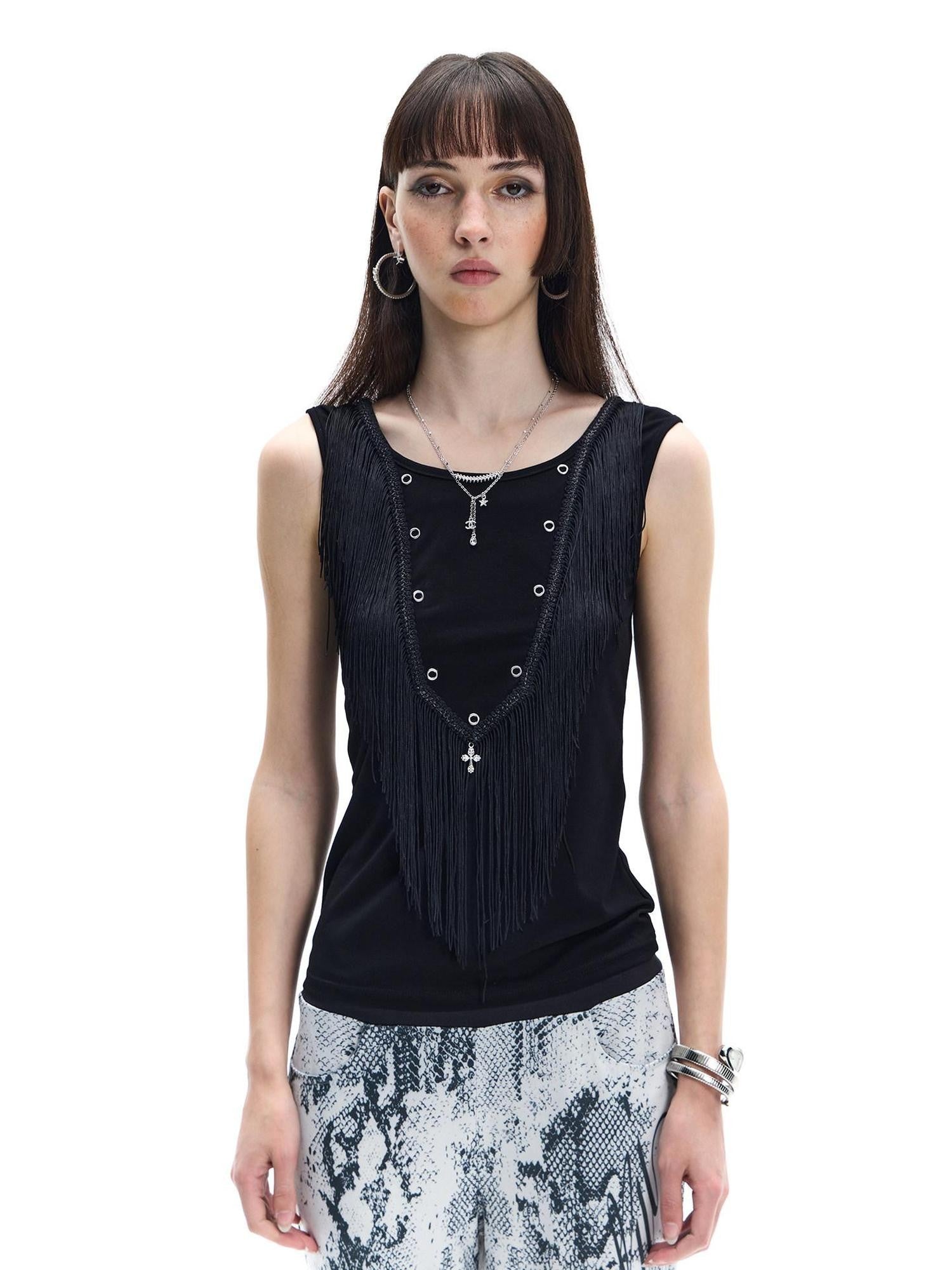 FayChui Vintage Fringe Metal Sequin Cross Rhinestone Women&