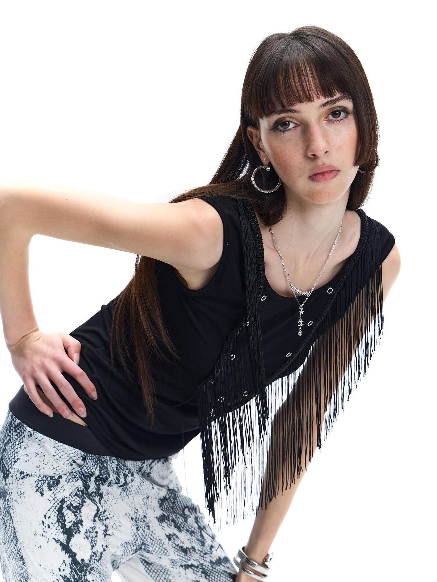 FayChui Vintage Fringe Metal Sequin Cross Rhinestone Women&