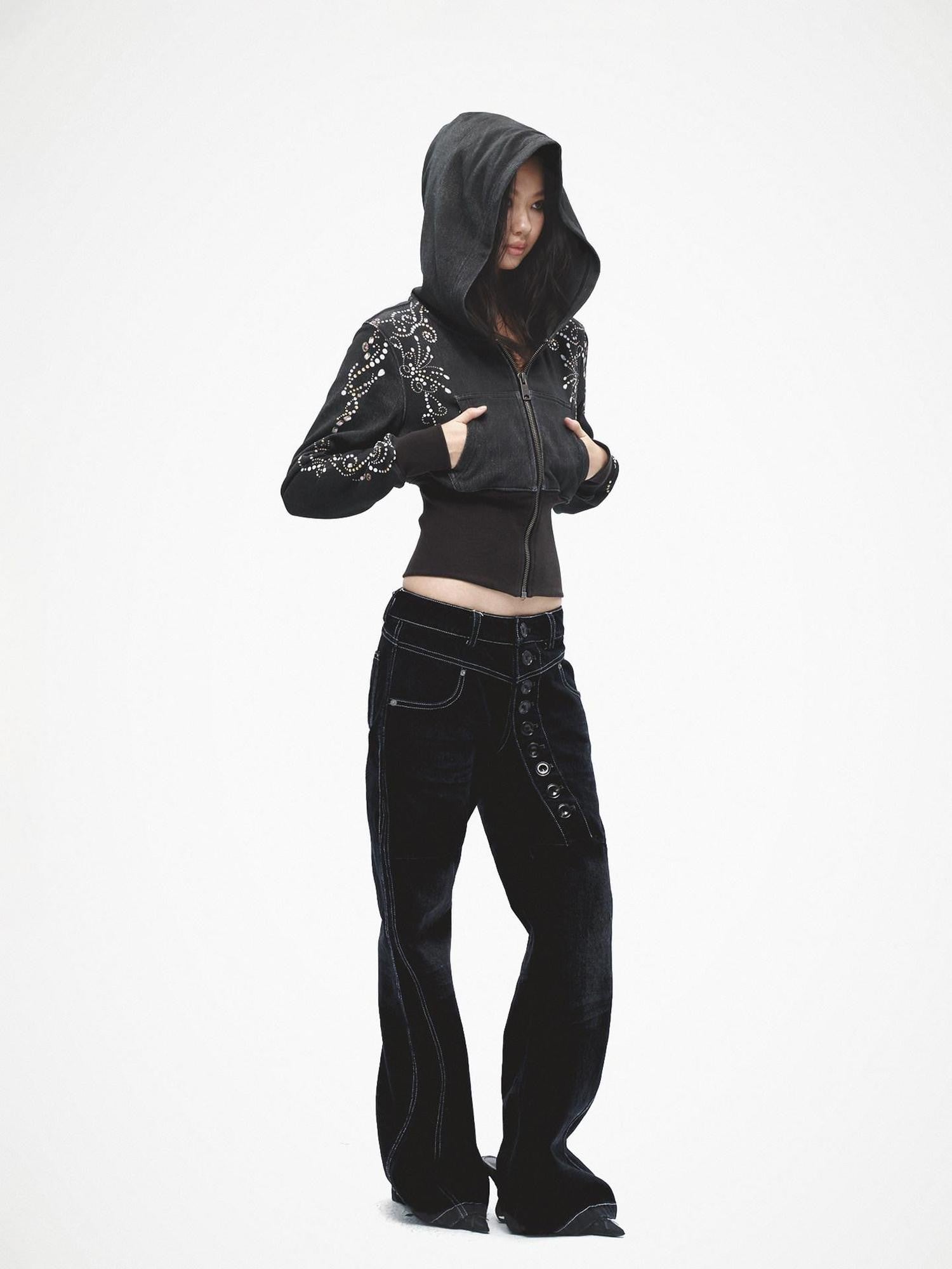 FayChui Vintage Gem Floral Print Ribbed Waist Cropped Women&