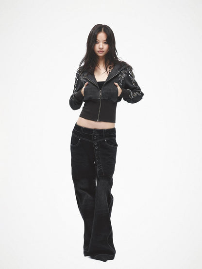 FayChui Vintage Gem Floral Print Ribbed Waist Cropped Women&