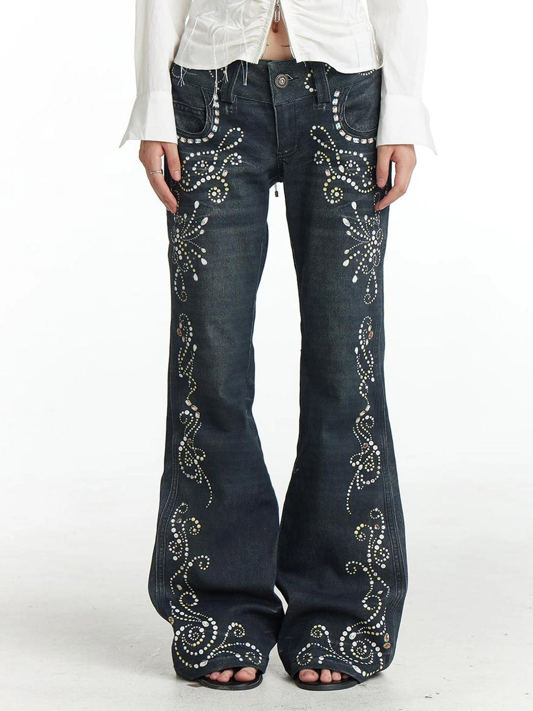 FayChui  Vintage Gemstone Floral Print Flare Pants