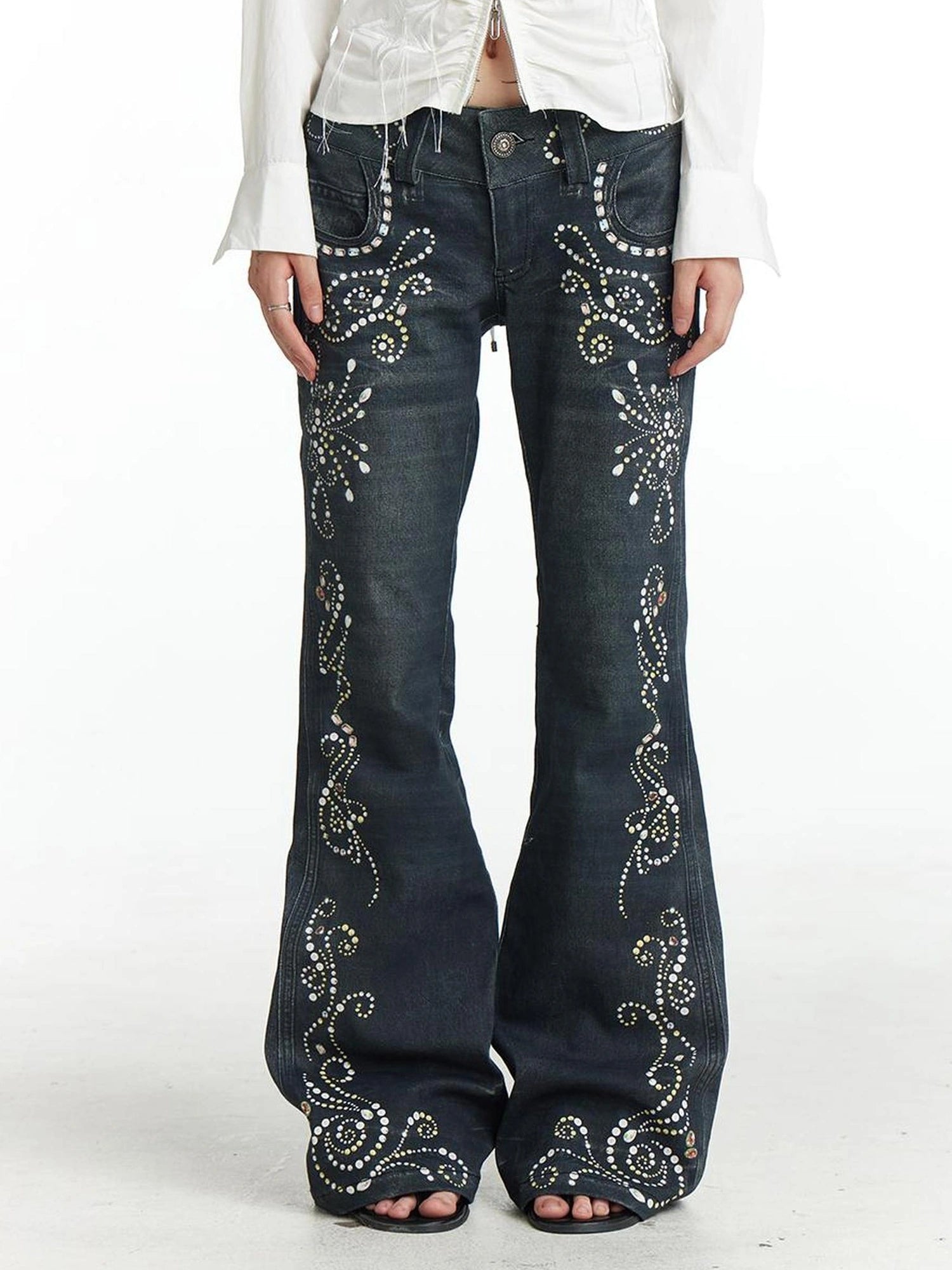 FayChui  Vintage Gemstone Floral Print Flare Pants