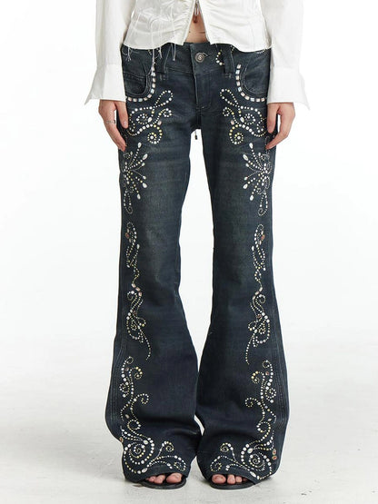 FayChui  Vintage Gemstone Floral Print Flare Pants