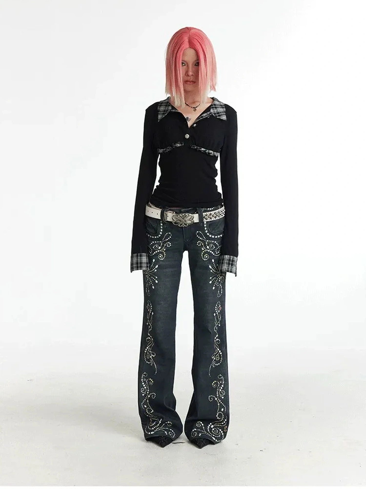 FayChui  Vintage Gemstone Floral Print Flare Pants