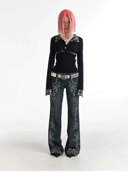 FayChui  Vintage Gemstone Floral Print Flare Pants