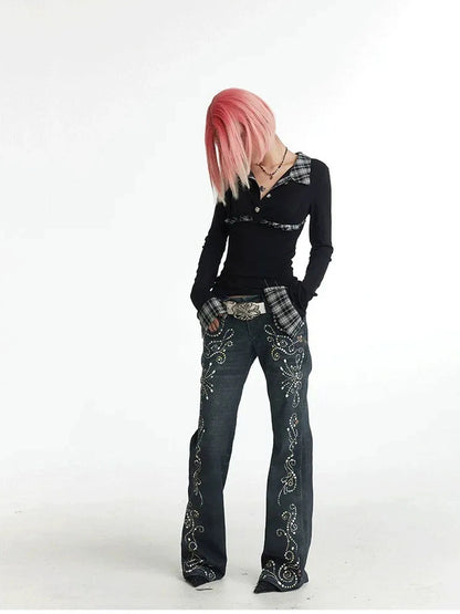 FayChui  Vintage Gemstone Floral Print Flare Pants