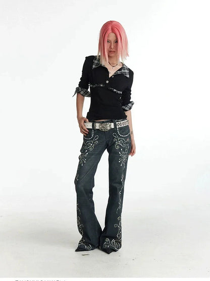 FayChui  Vintage Gemstone Floral Print Flare Pants