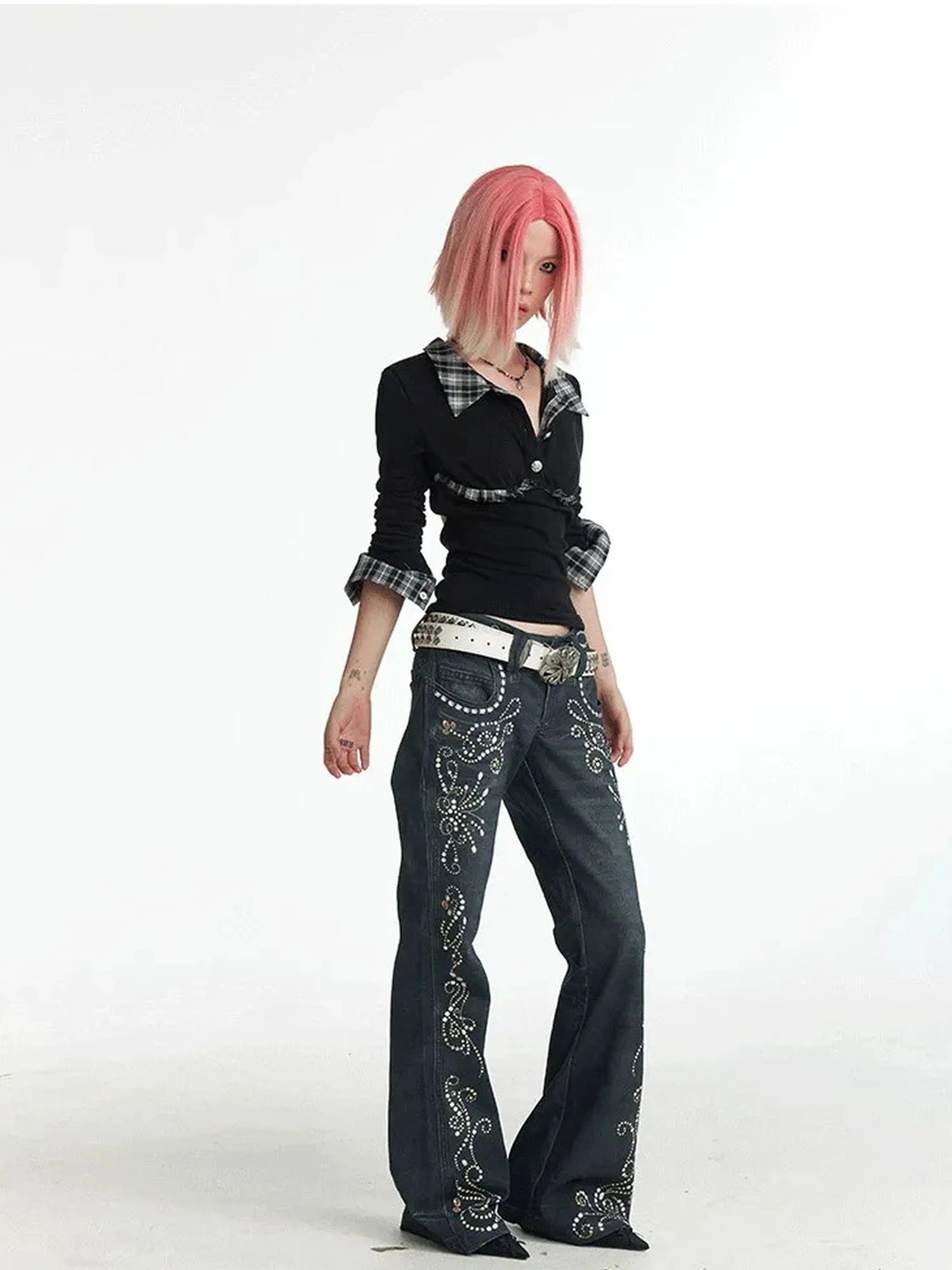 FayChui  Vintage Gemstone Floral Print Flare Pants