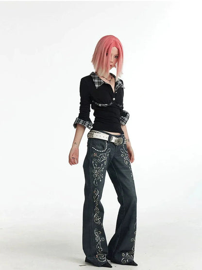 FayChui  Vintage Gemstone Floral Print Flare Pants