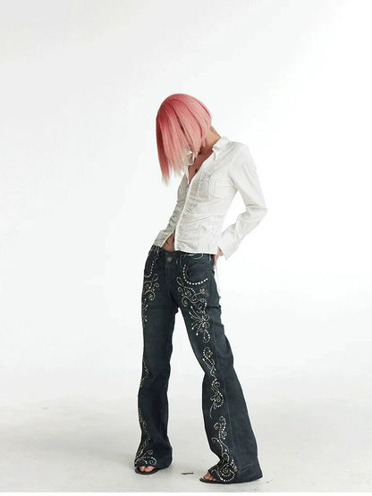 FayChui  Vintage Gemstone Floral Print Flare Pants