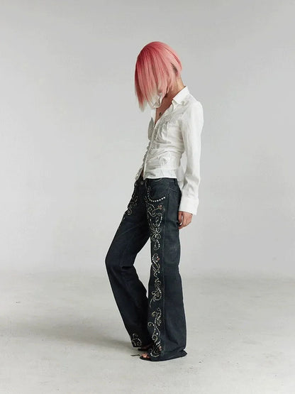 FayChui  Vintage Gemstone Floral Print Flare Pants