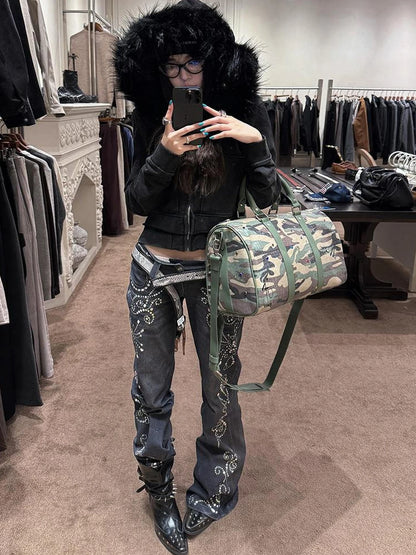 FayChui  Vintage Gemstone Floral Print Flare Pants