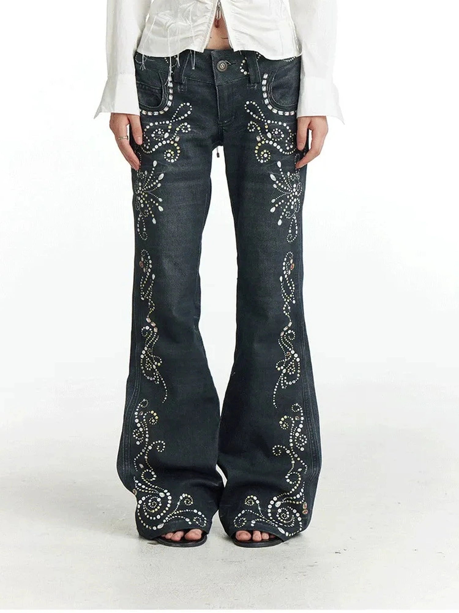 FayChui  Vintage Gemstone Floral Print Flare Pants